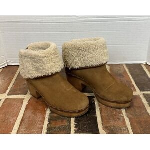 Crown Vintage Brown Suede Chunky Ankle Boots Faux Sherpa Women's 6.5 Y2K Style